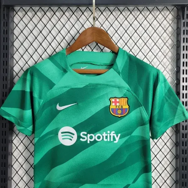 Barcelona 2023/24 Green Goalkeeper Kids Jersey And Shorts Kit